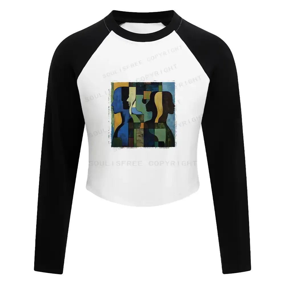 Great Thinker Washed Cropped Sweatshirt Block Raglan Long Sleeve Crop Top