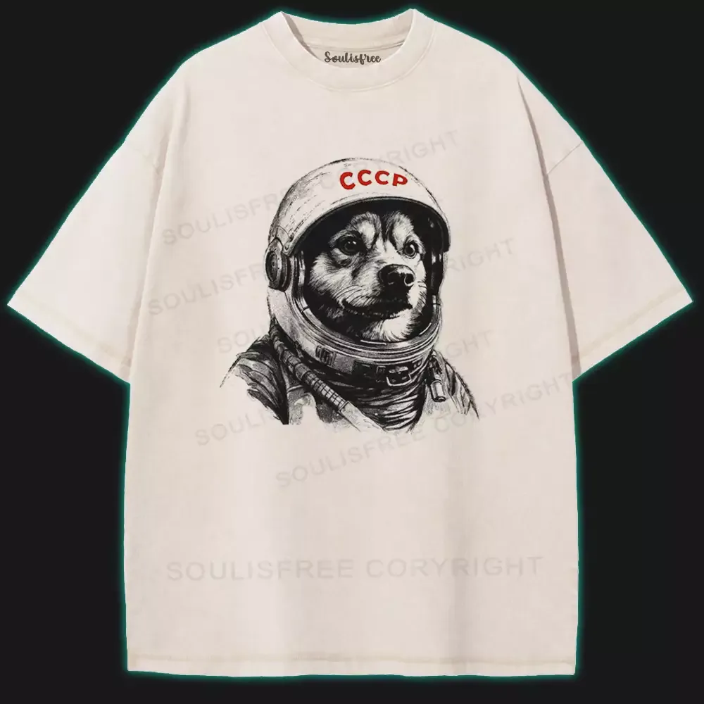 Designed Astronaut dog Laika Washed Space T-shirt