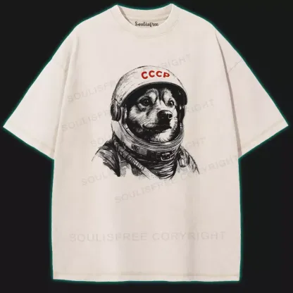 Astronaut dog Laika Washed Space T-shirt