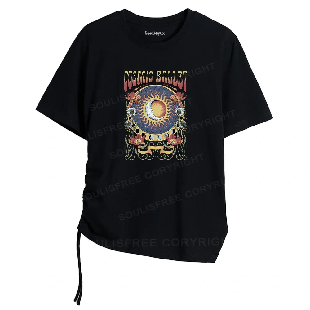 Designed Psychedelic Ballet Asymmetrical Top With Side Drawstring