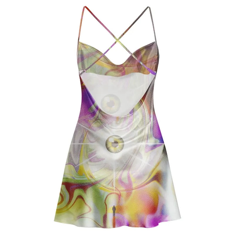 Soulisfree Acid Swirl Cosmic Eye Cowl Neck Satin Mini Dress