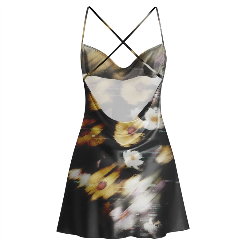 Soulisfree Glitch Bloom Cowl Neck Satin Mini Dress