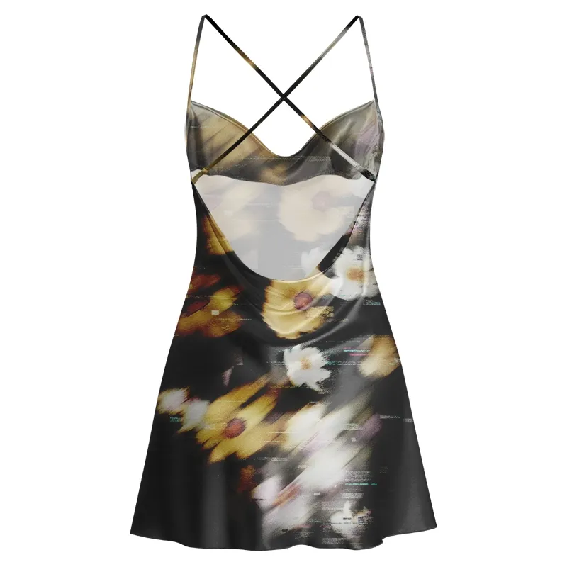 Soulisfree Glitch Bloom Cowl Neck Satin Mini Dress