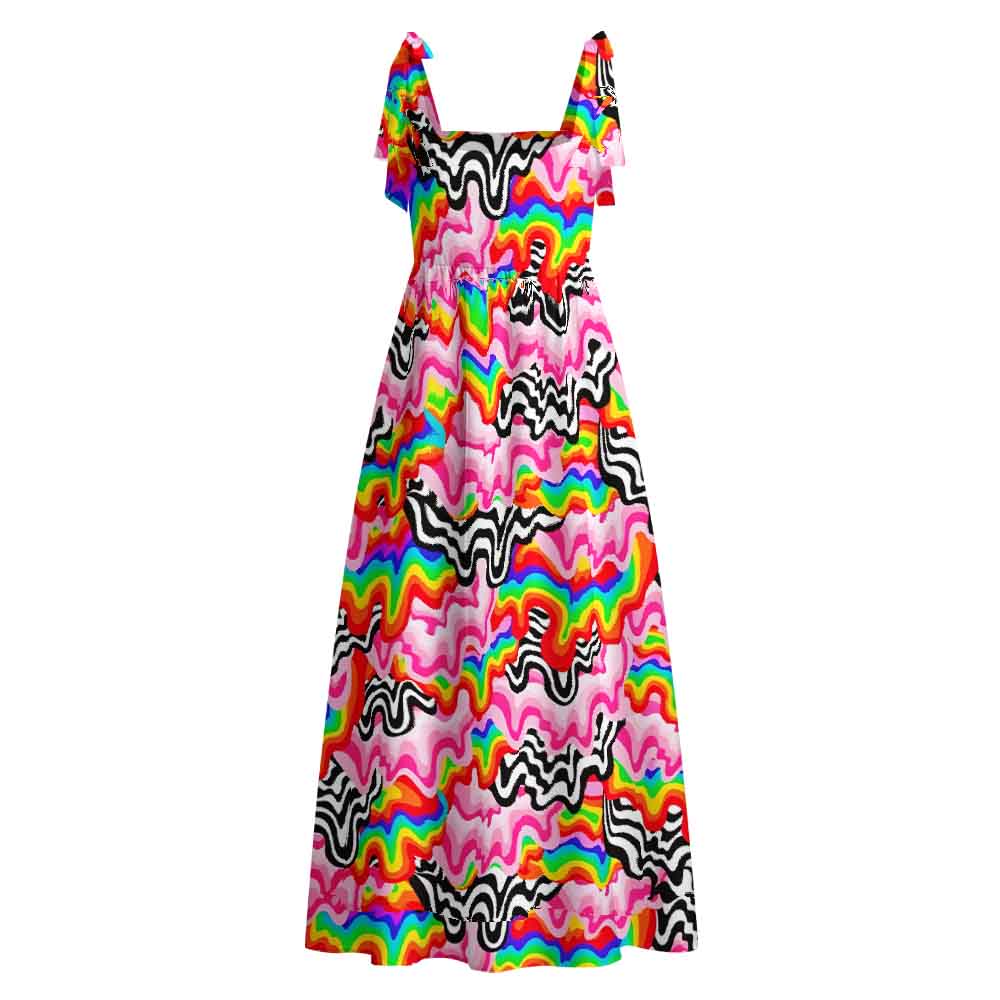 Soulisfree Psychedelic Wave Maxi Dress – Bow Strap
