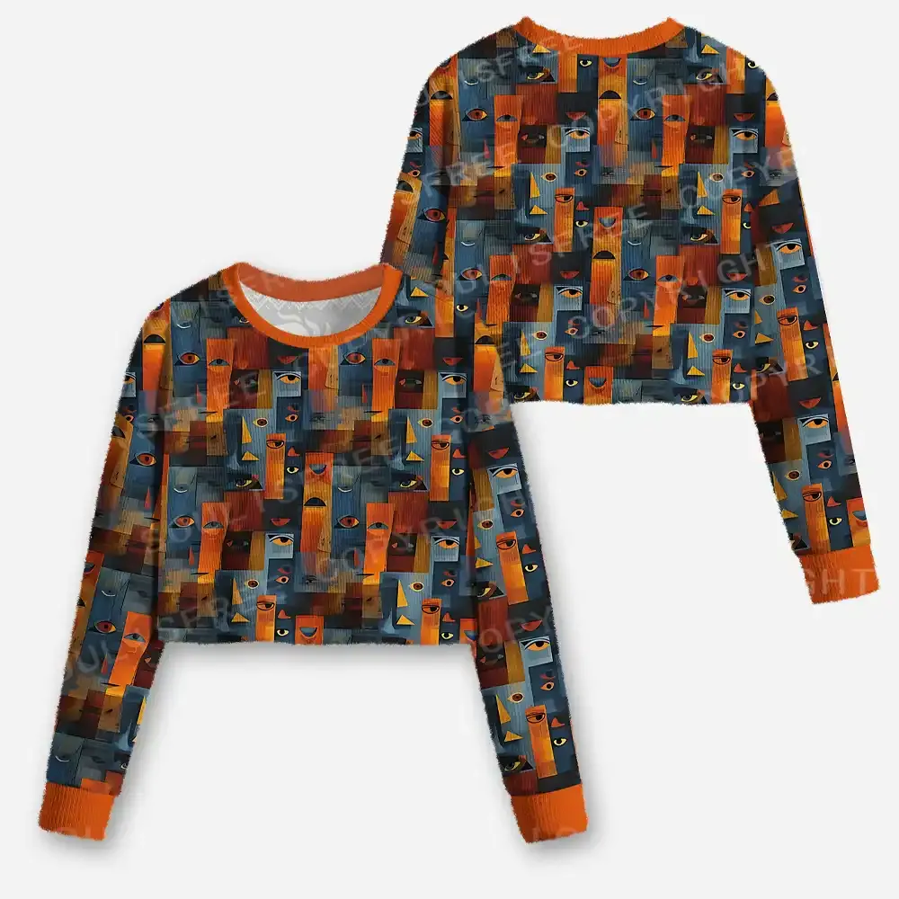 Faces in Fragments Cropped Ugly Christmas Sweater