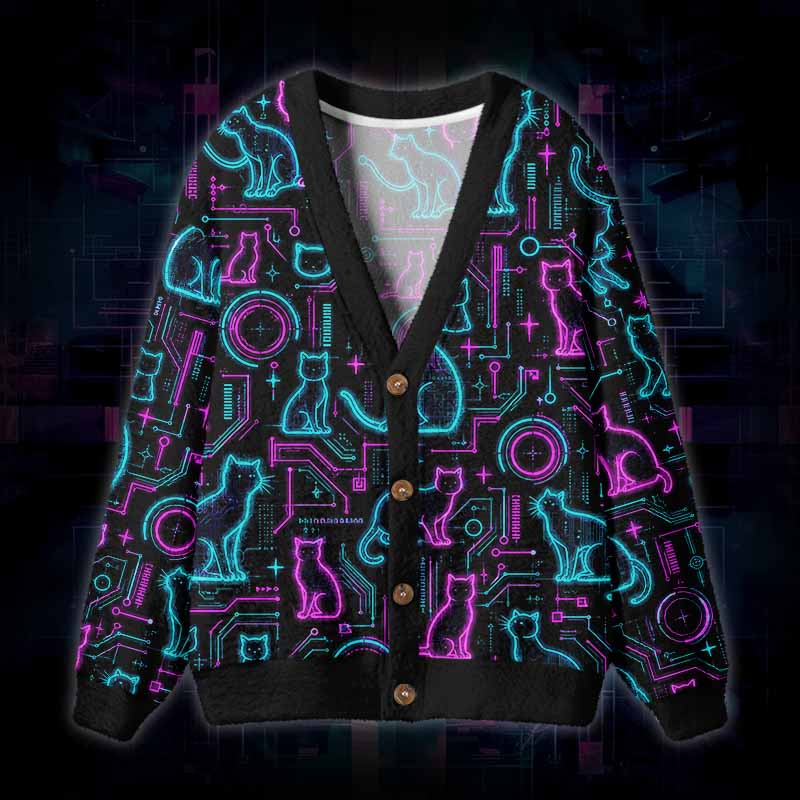 Soulisfree Neon Cat Network Fuzzy Cardigan Sweater 