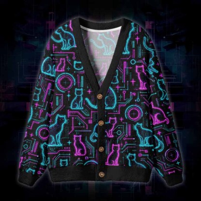 Soulisfree Neon Cat Network Fuzzy Cardigan Sweater 