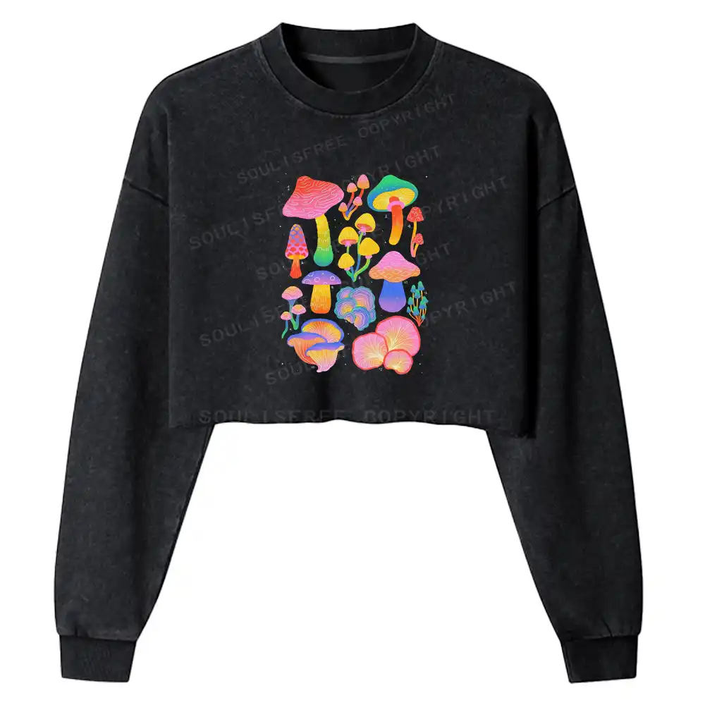 Cute Psychedelic Mushroom Washed Cropped Sweatshirt
