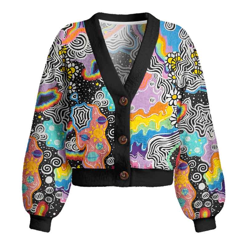 Soulisfree Psychedelic Vortex Collage Women's Fuzzy Cardigan Sweater
