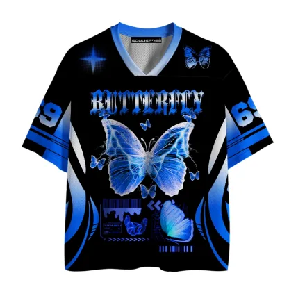 Soulisfree Blue Butterfly Graphic Mesh Jersey