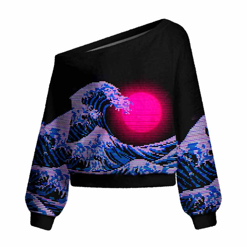 Soulisfree Vaporwave Aesthetic Great Wave Off Kanagawa Women's Fuzzy Crewneck Sweater
