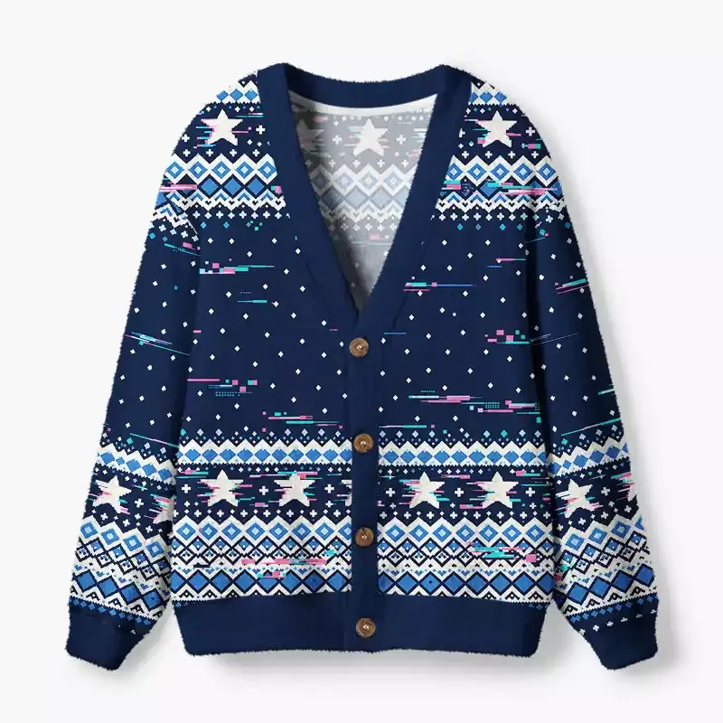Soulisfree Navy Fair Isle Fuzzy Cardigan Sweater