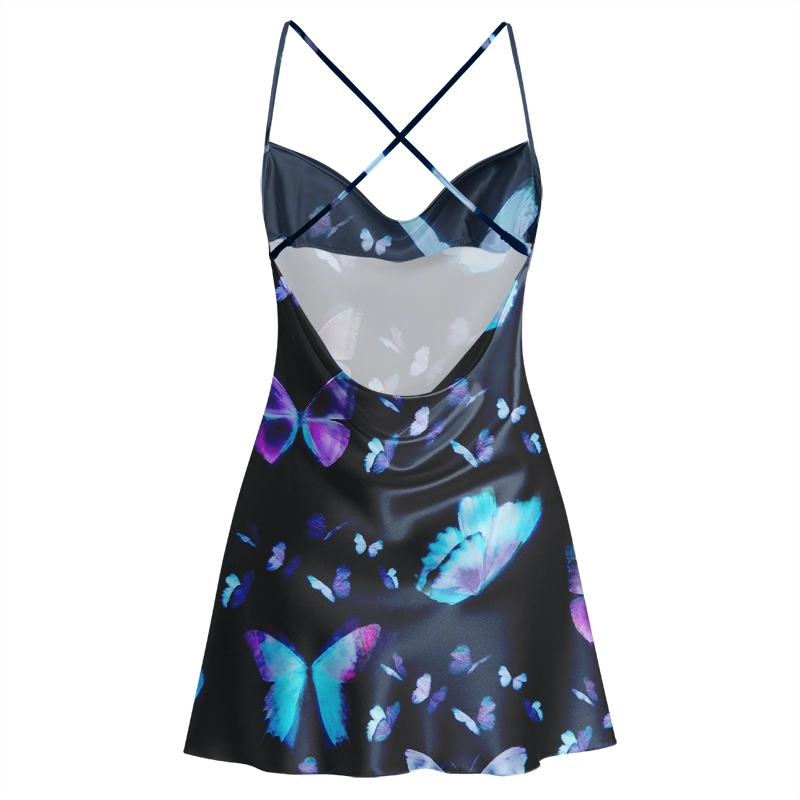Soulisfree Twilight Flight of Butterflies Cowl Neck Satin Mini Dress