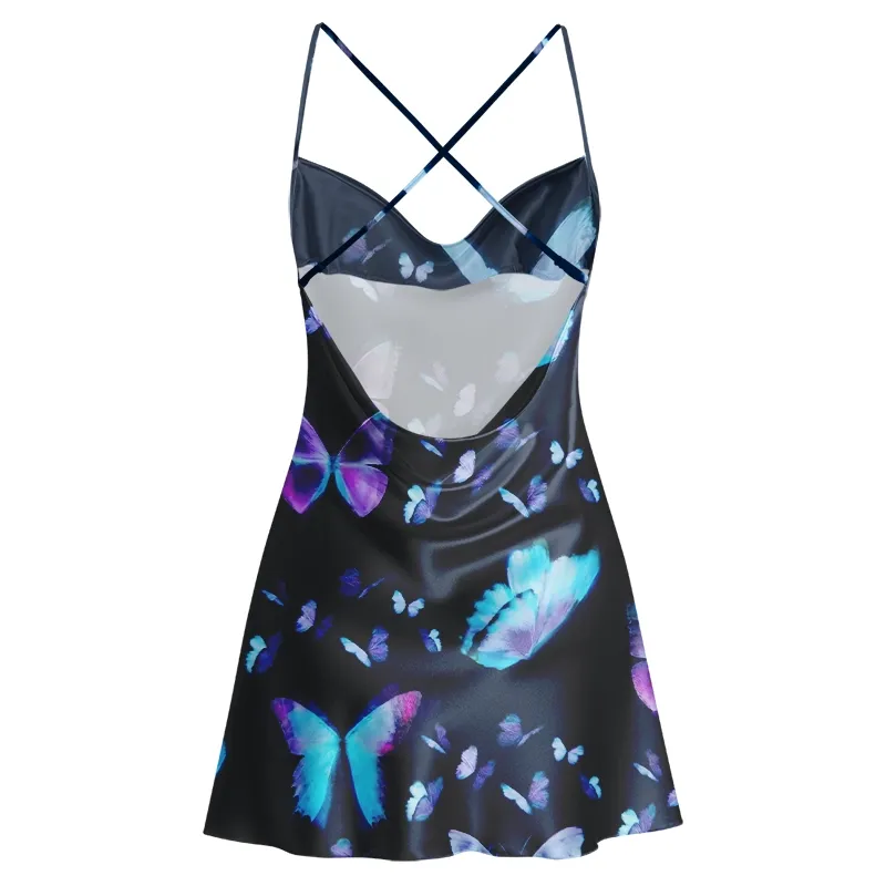 Soulisfree Twilight Flight of Butterflies Cowl Neck Satin Mini Dress