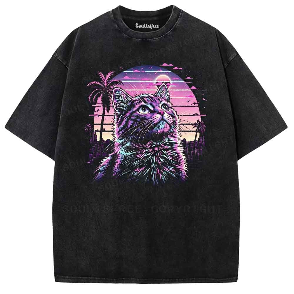 Soulisfree Vaporwave Neon Cat Washed Tee
