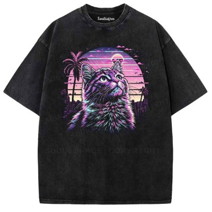 Soulisfree Vaporwave Neon Cat Washed Tee