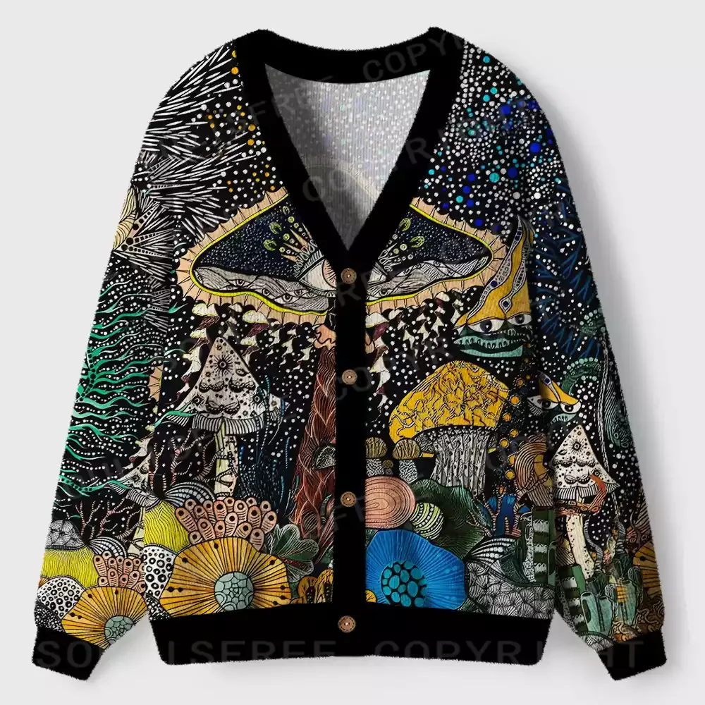 Esoteric Fungal Fantasy Realm Ugly Cardigan Sweaters