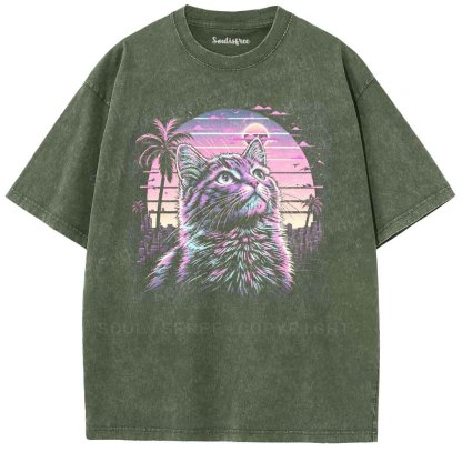 Soulisfree Vaporwave Neon Cat Washed Tee