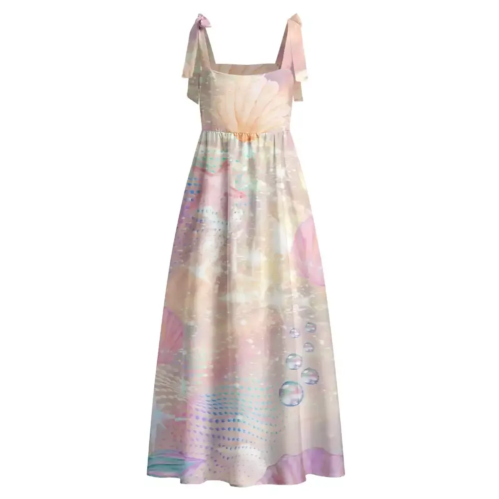 Soulisfree Holographic Beach Seashell Maxi Dress – Bow Strap