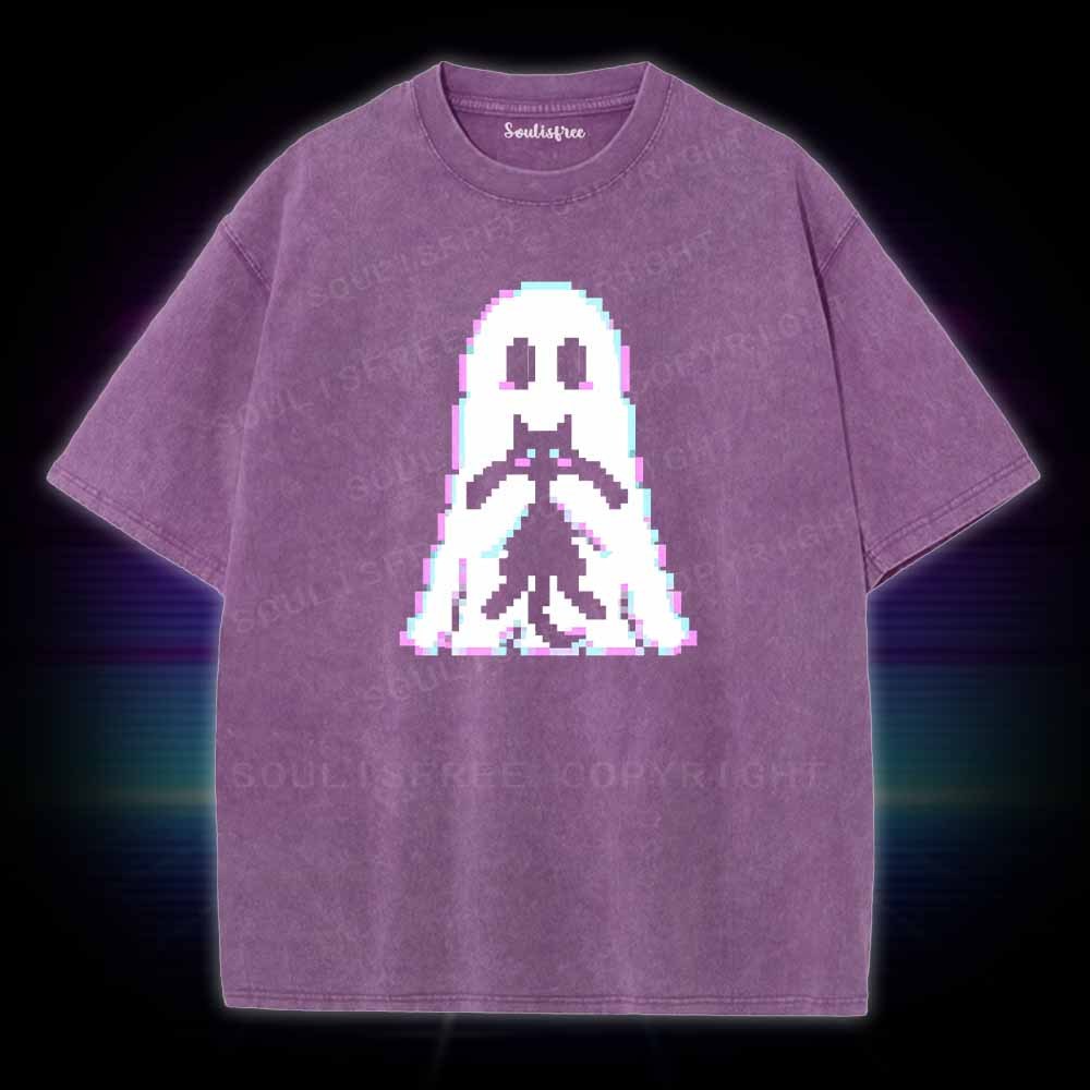 Soulisfree Pixel Ghost with  Cat  Washed Tee