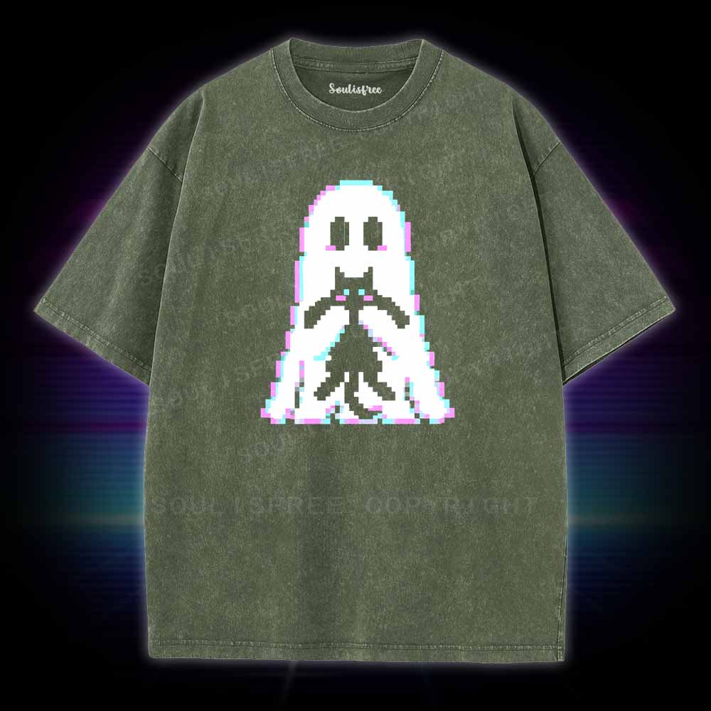 Soulisfree Pixel Ghost with  Cat  Washed Tee