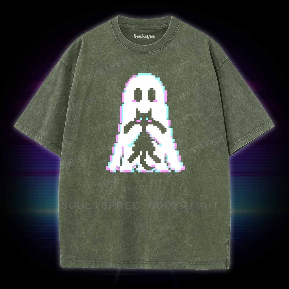 Soulisfree Pixel Ghost with  Cat  Washed Tee