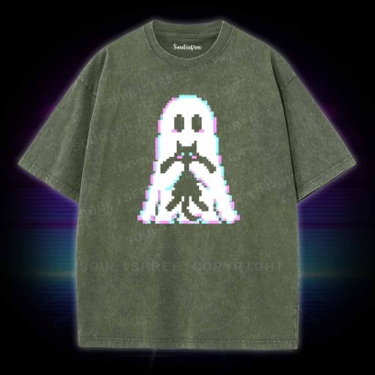 Soulisfree Pixel Ghost with  Cat  Washed Tee