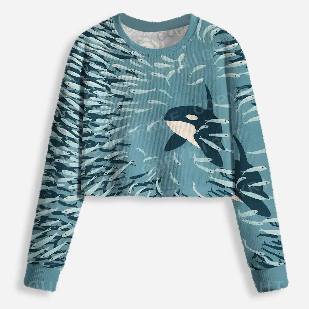 Underwater Symphony: Orca and School of Fish Cropped Ugly Christmas Sweater