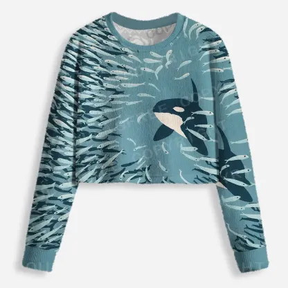 Underwater Symphony: Orca and School of Fish Cropped Ugly Christmas Sweater