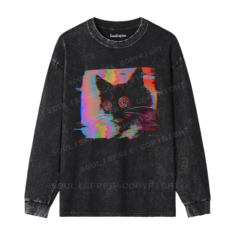 Glitch Cat Washed Long Sleeve Shirt