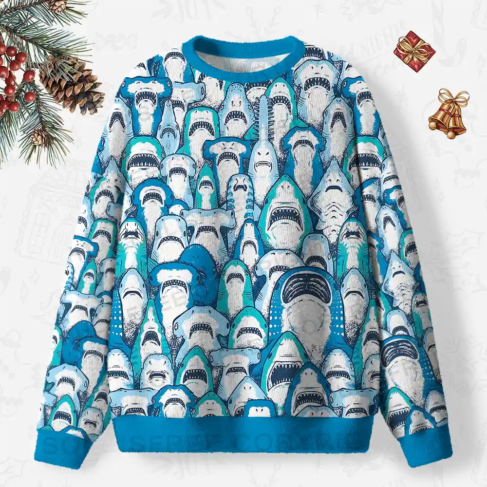 Shark Party Ugly Christmas Knit Sweatshirt