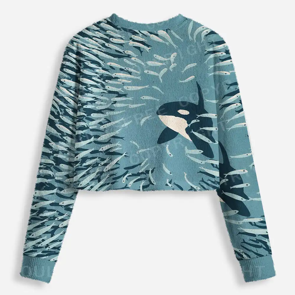 Underwater Symphony: Orca and School of Fish Cropped Ugly Christmas Sweater