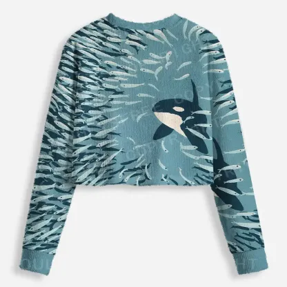 Underwater Symphony: Orca and School of Fish Cropped Ugly Christmas Sweater