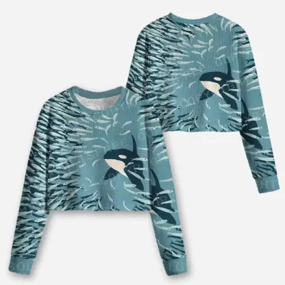 Underwater Symphony: Orca and School of Fish Cropped Ugly Christmas Sweater