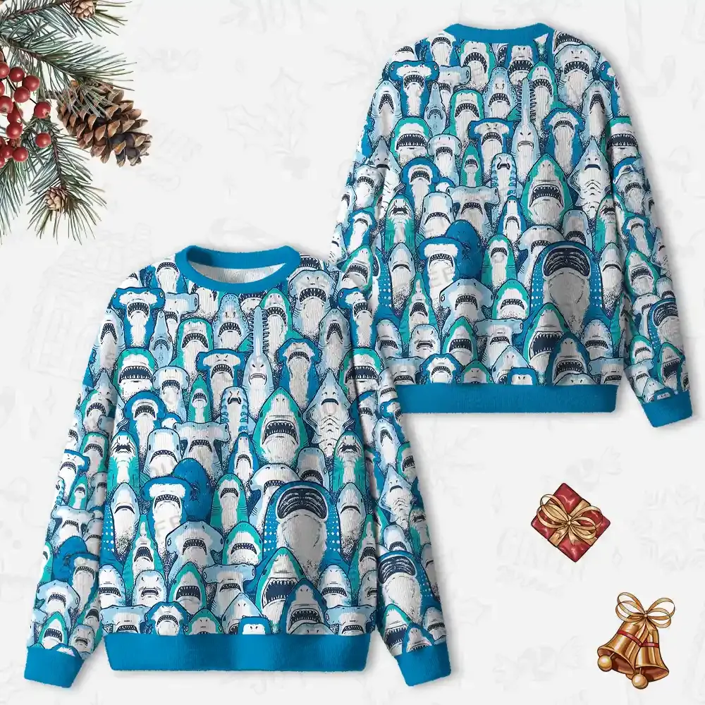 Shark Party Ugly Christmas Knit Sweatshirt