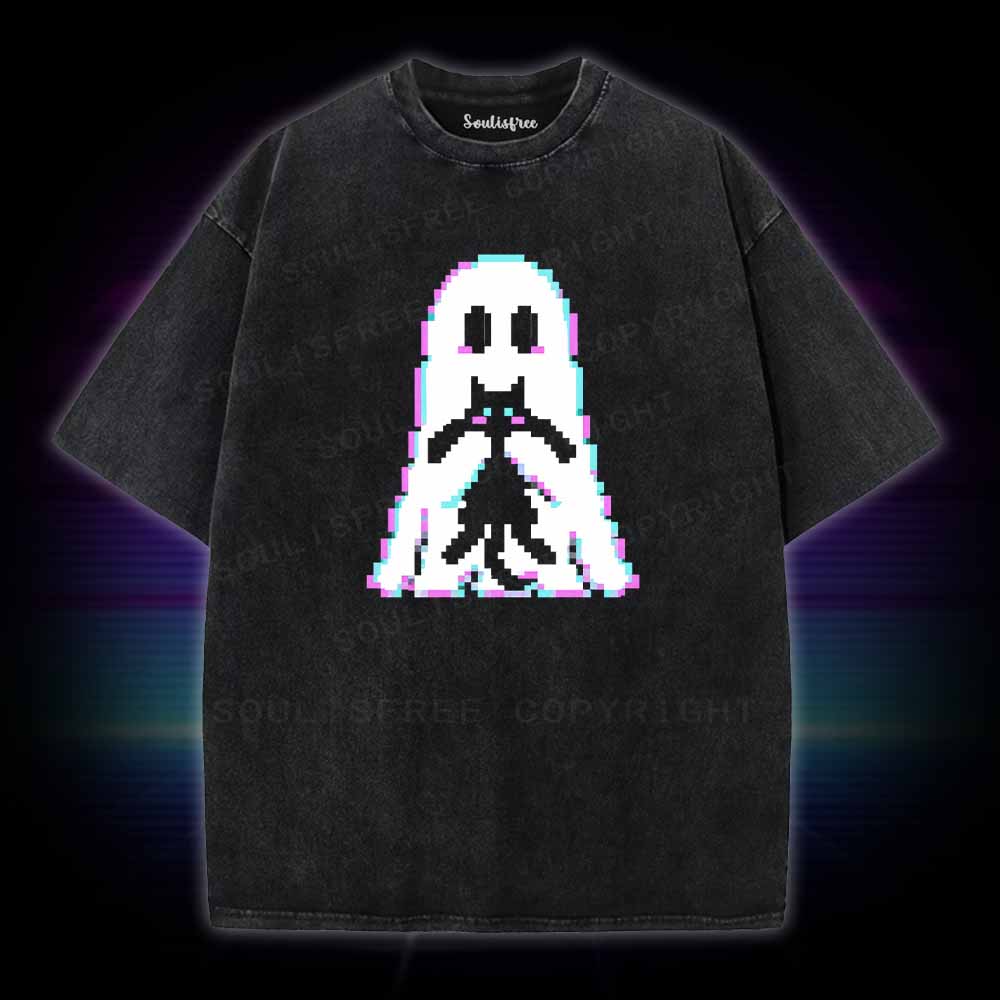 Soulisfree Pixel Ghost with  Cat  Washed Tee