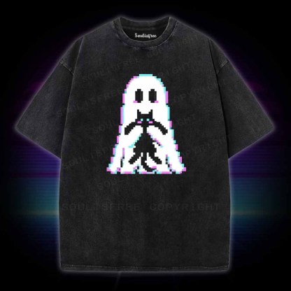 Soulisfree Pixel Ghost with  Cat  Washed Tee