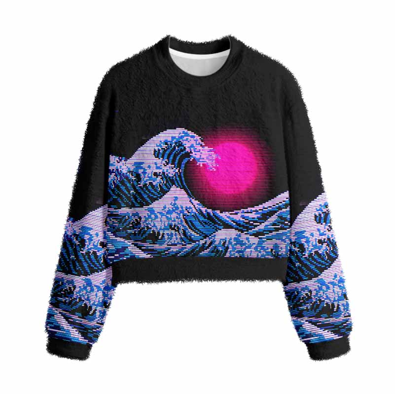 Soulisfree Vaporwave Aesthetic Great Wave Off Kanagawa Women's Fuzzy Crewneck Sweater