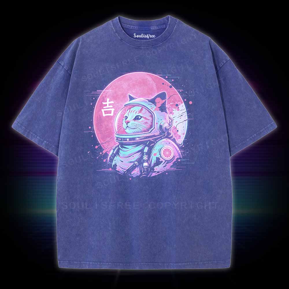 Soulisfree 1950s Retro Space Cat  Washed Tee