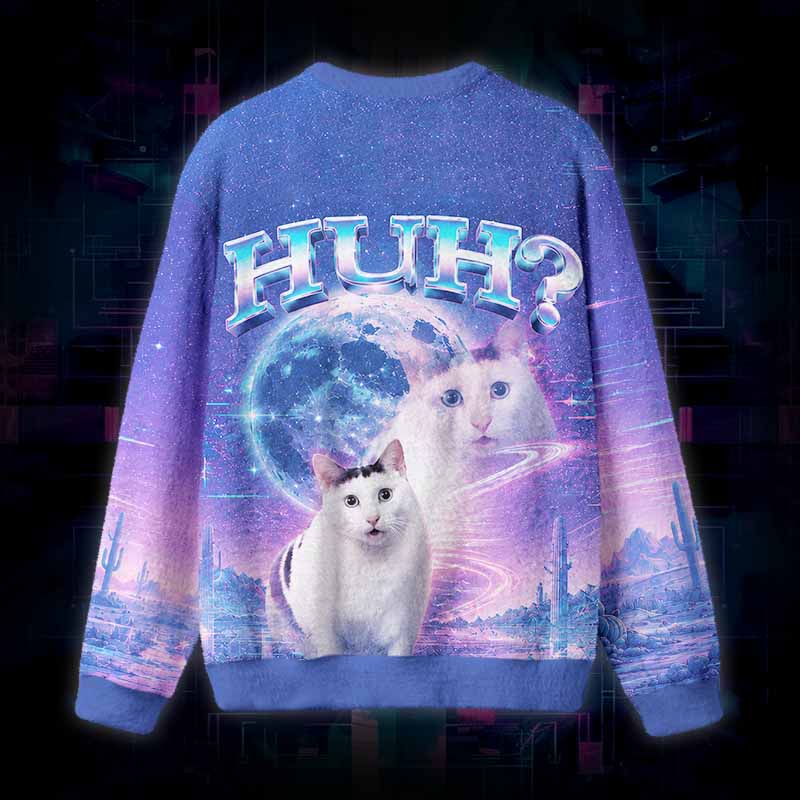 Soulisfree HUH Funny Cat Meme Fuzzy Crewneck Sweater