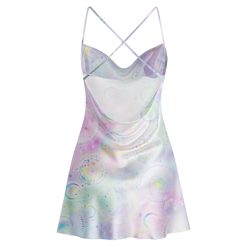 Soulisfree Moon & Stars Watercolor Cowl Neck Satin Mini Dress