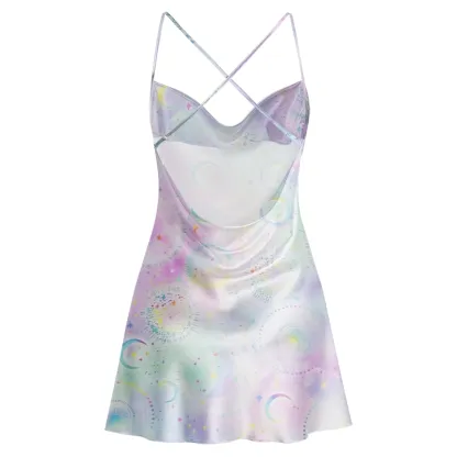 Soulisfree Moon & Stars Watercolor Cowl Neck Satin Mini Dress