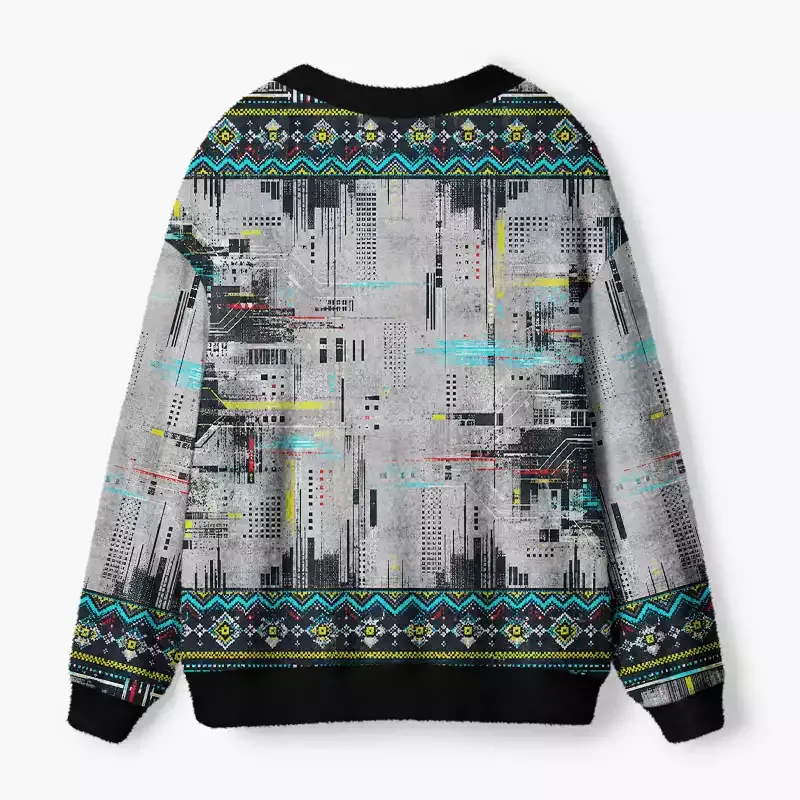 Soulisfree Glitched Circuit Techwear Weave Fuzzy Cardigan Sweater