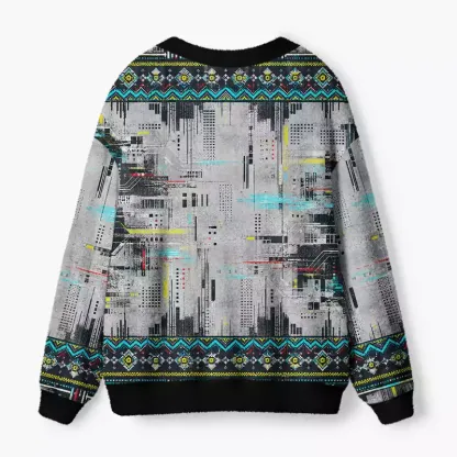 Soulisfree Glitched Circuit Techwear Weave Fuzzy Cardigan Sweater
