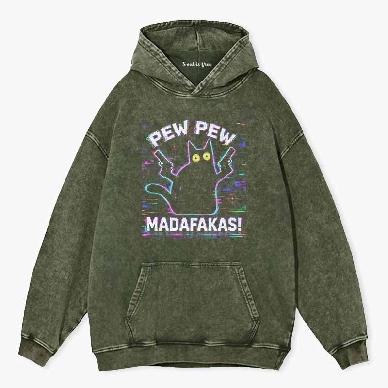 Soulisfree Pew Pew Cat Chaos  Washed Hoodie