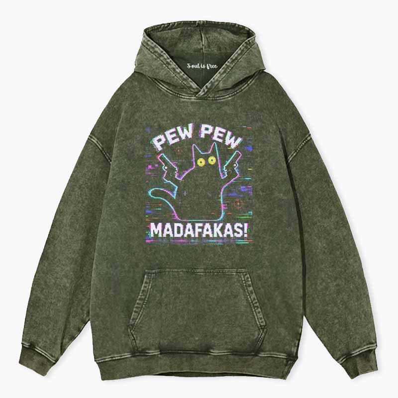 Soulisfree Pew Pew Cat Chaos  Washed Hoodie