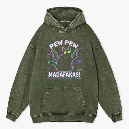 Soulisfree Pew Pew Cat Chaos  Washed Hoodie