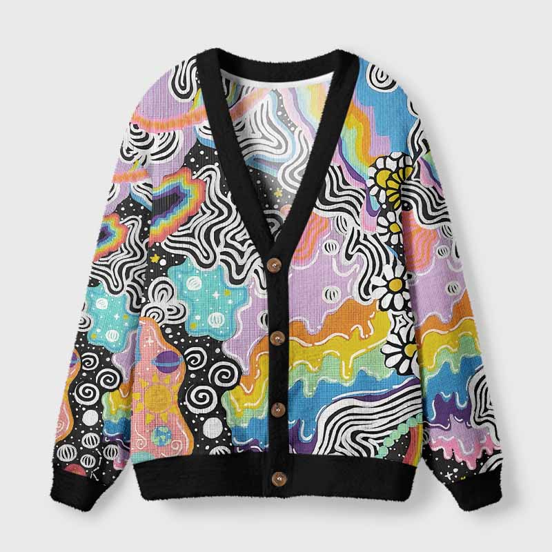Soulisfree Psychedelic Vortex Collage Fuzzy Cardigan Sweater 