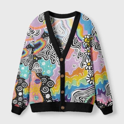 Soulisfree Psychedelic Vortex Collage Fuzzy Cardigan Sweater 