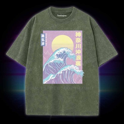 Soulisfree Retro Vaporwave Great Wave Washed Tee